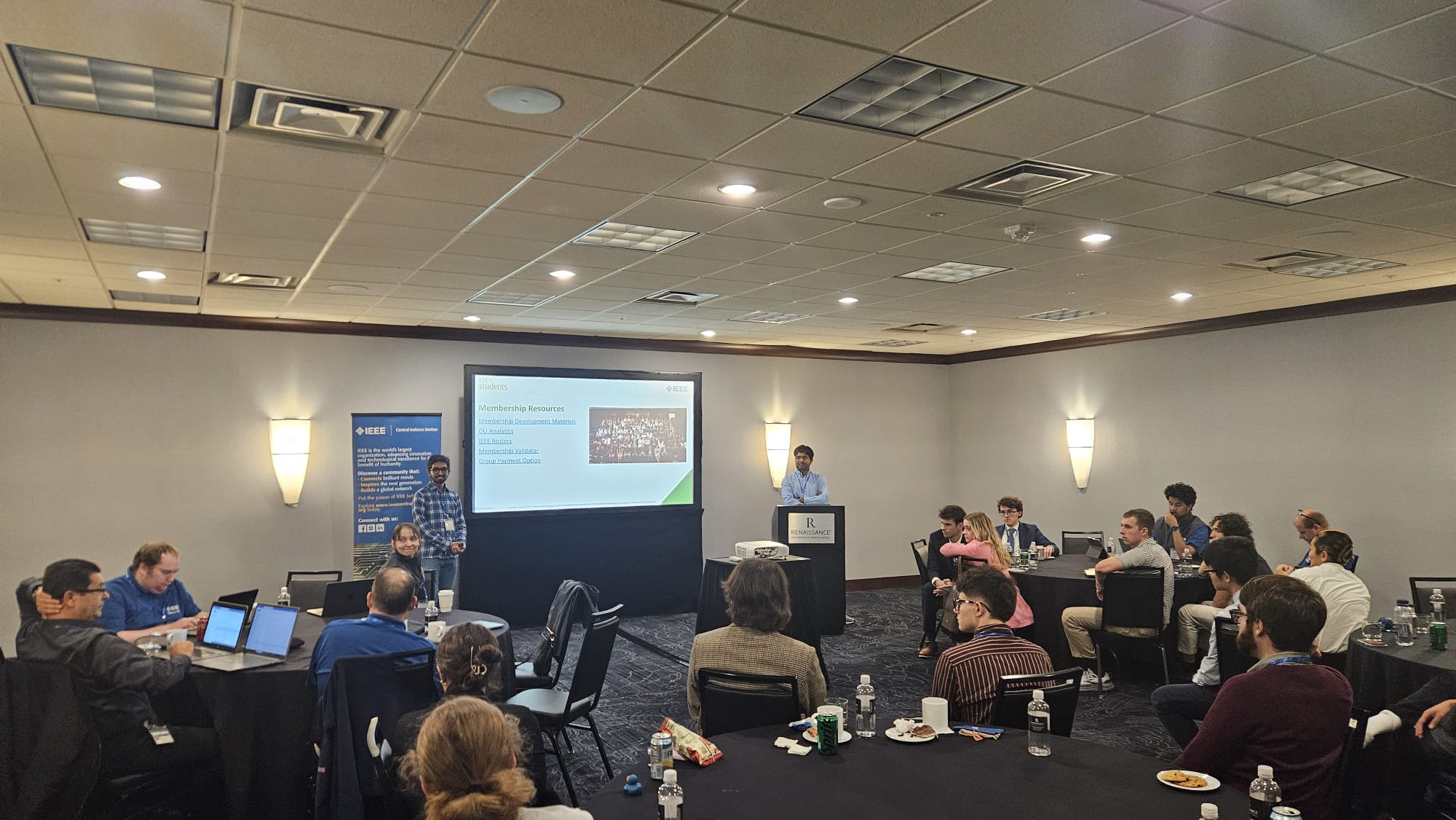 IEEE Central Indiana Section SAC annual meeting with the SAC Chair speaking at the podium